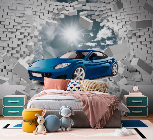 Coche azul en un muro de ladrillos blancos Coche azul en un muro de ladrillos blancos