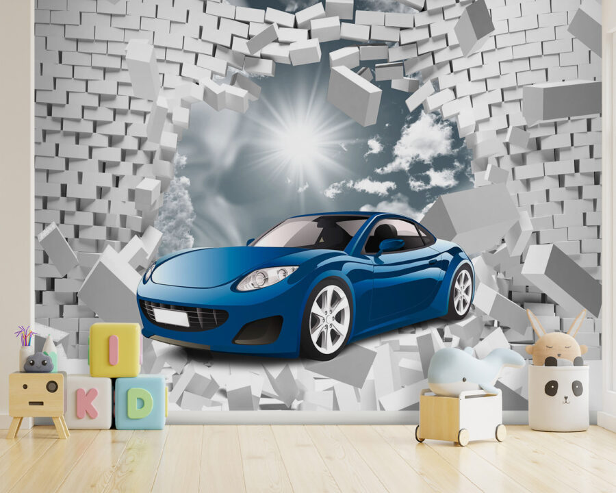 Coche azul en un muro de ladrillos blancos Coche azul en un muro de ladrillos blancos