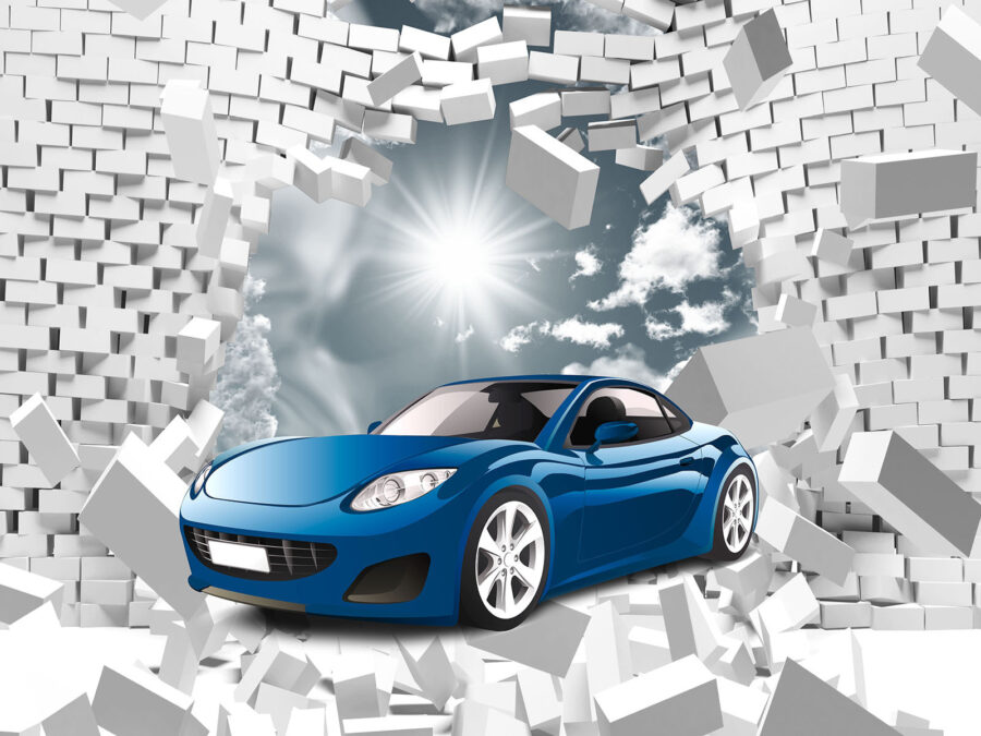 Coche azul en un muro de ladrillos blancos Coche azul en un muro de ladrillos blancos