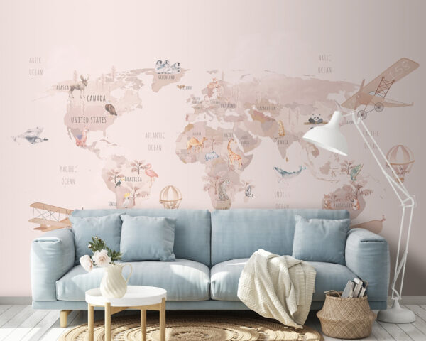 Map of the world with airplanes and polar bears