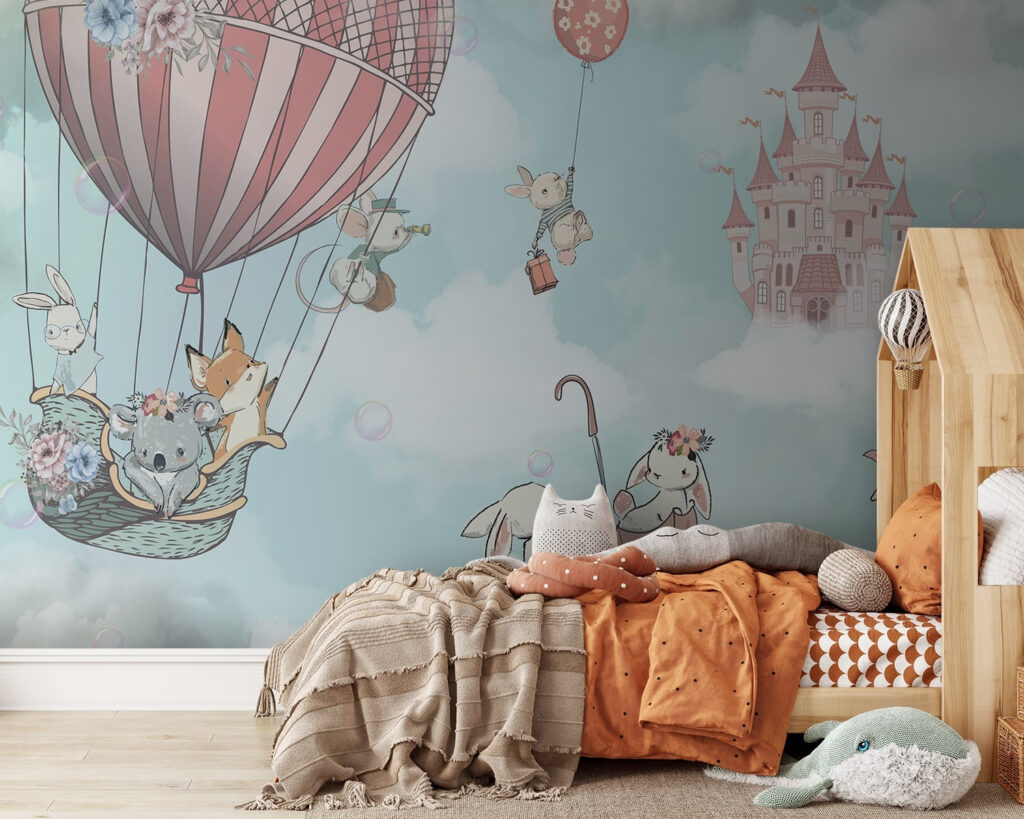 Cartoon of animals in a hot air balloon