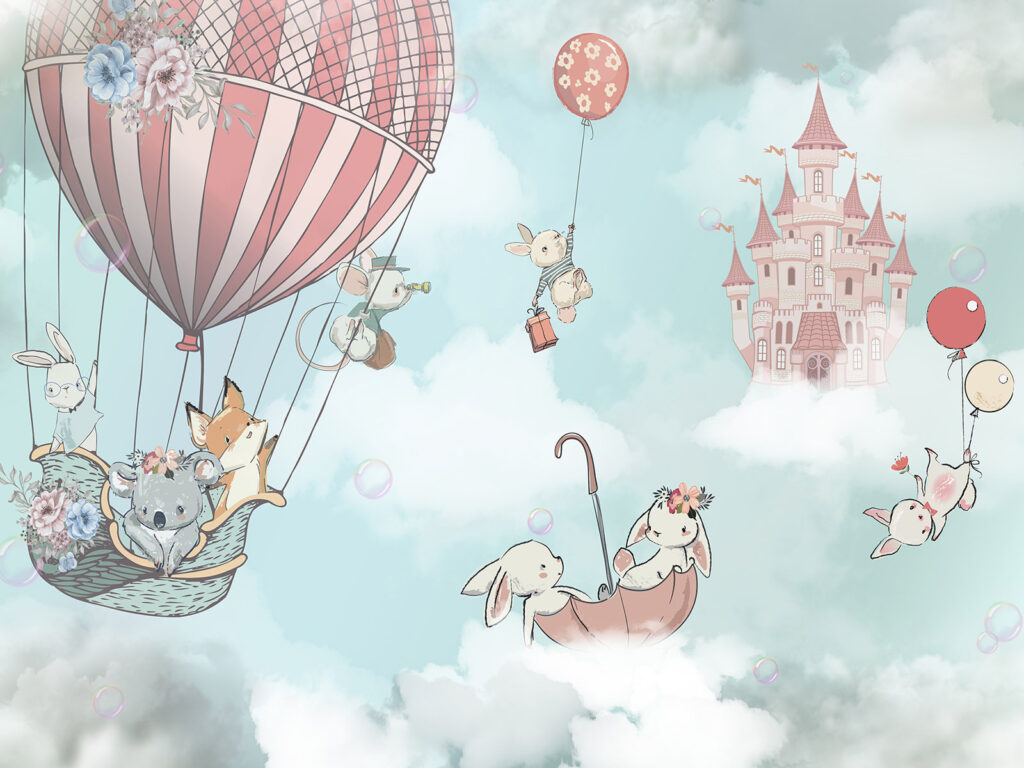 Dibujo animado de animales en un globo aerostático Dibujo animado de animales en un globo aerostático