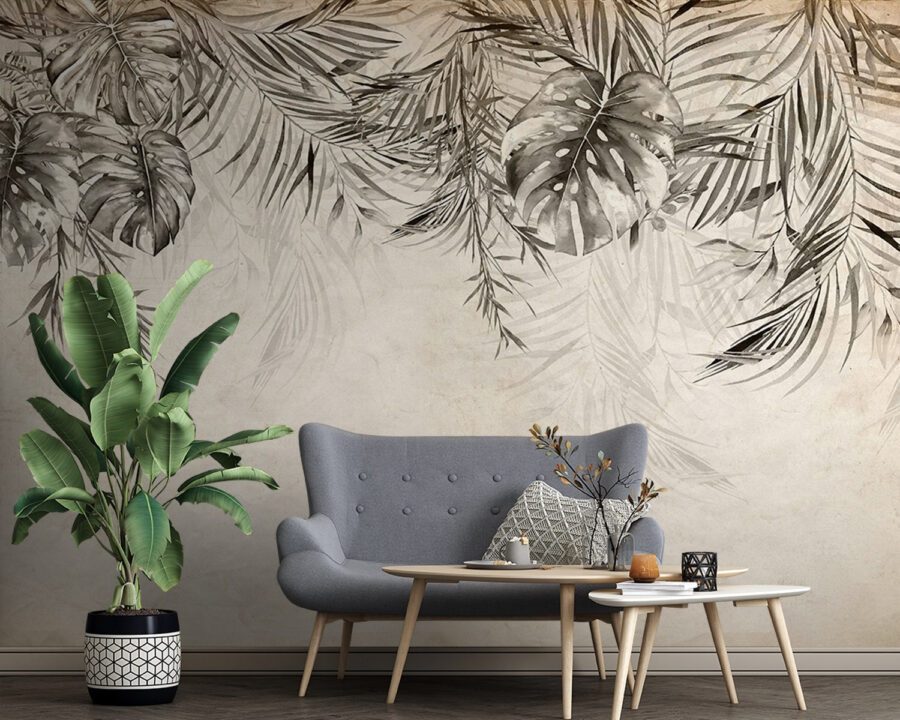 Hojas tropicales sobre fondo texturizado
