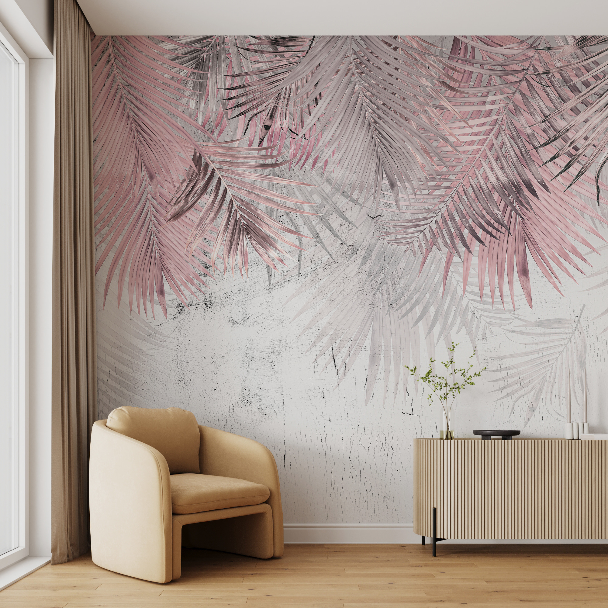 A pink and white palm leaves