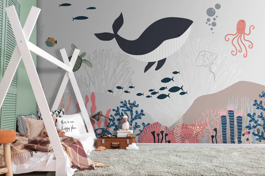 Whale and fish swimming in the ocean Whale and fish swimming in the ocean