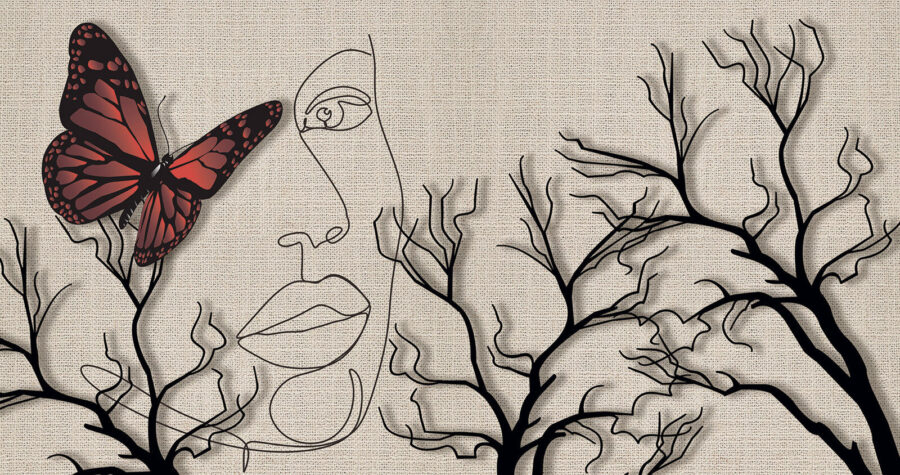 Una mariposa y el dibujo de la cara de una mujer