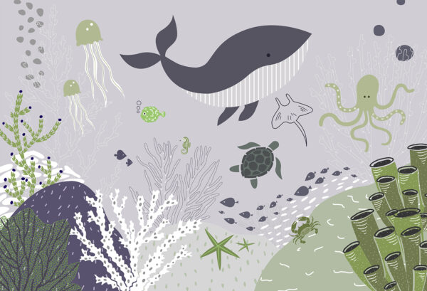 A sea life with a whale and turtles