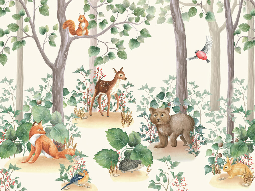 Papel pintado con animales en el bosque Papel pintado con animales en el bosque