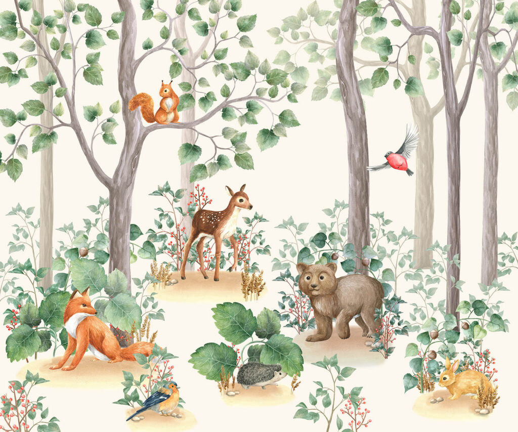 Papel pintado con animales en el bosque Papel pintado con animales en el bosque