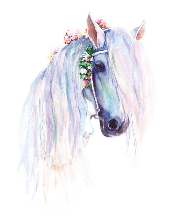 Acuarela de un caballo con flores en la cabeza Acuarela de un caballo con flores en la cabeza