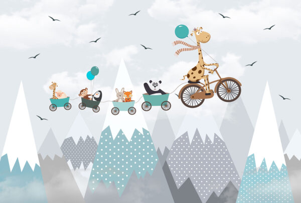 Jirafa en bicicleta con tren y animales Jirafa en bicicleta con tren y animales