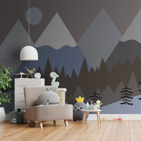 Fotomurales Un paisaje de montaña con árboles y nieve