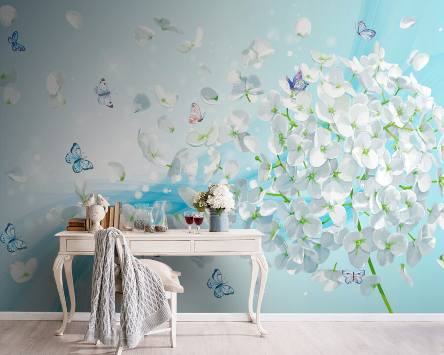 Flores blancas con mariposas volando