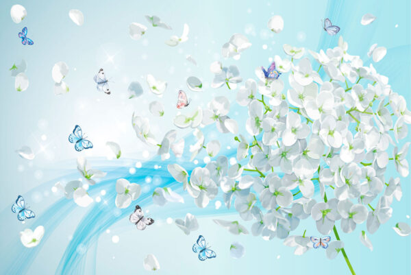 Flores blancas con mariposas volando Flores blancas con mariposas volando