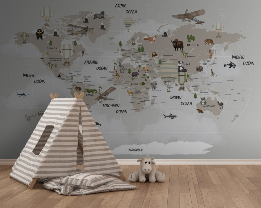 Mapa del mundo con animales