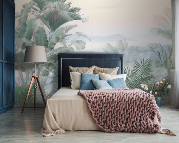 Foggy landscape with plants