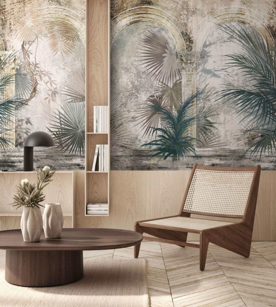 Pintura de palmeras y columnas