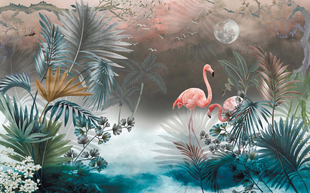 Painting of flamingos and plants