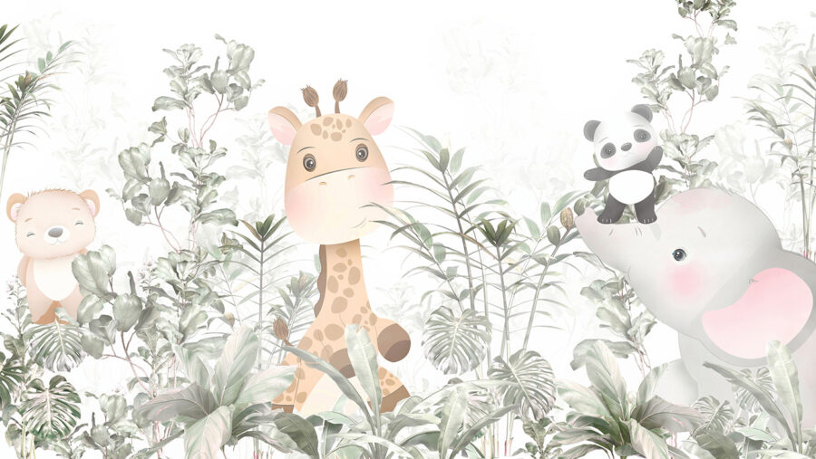 Jirafa y panda en un bosque