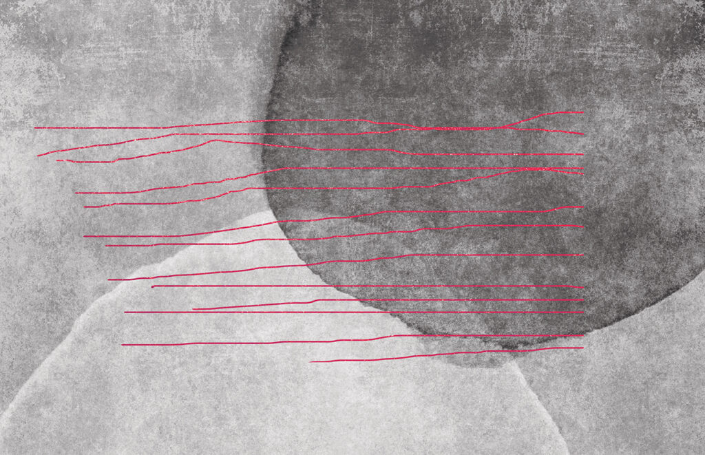 A black and white painting with red lines