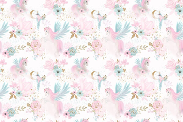 Estampado de unicornios y flores rosas y azules Estampado de unicornios y flores rosas y azules