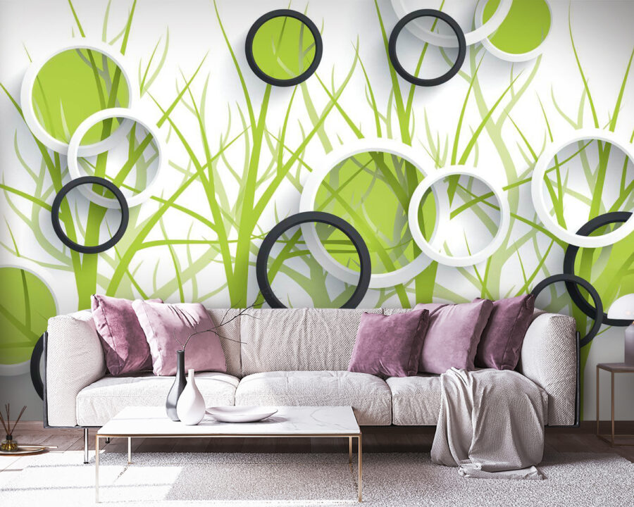 Papel pintado con círculos y árboles