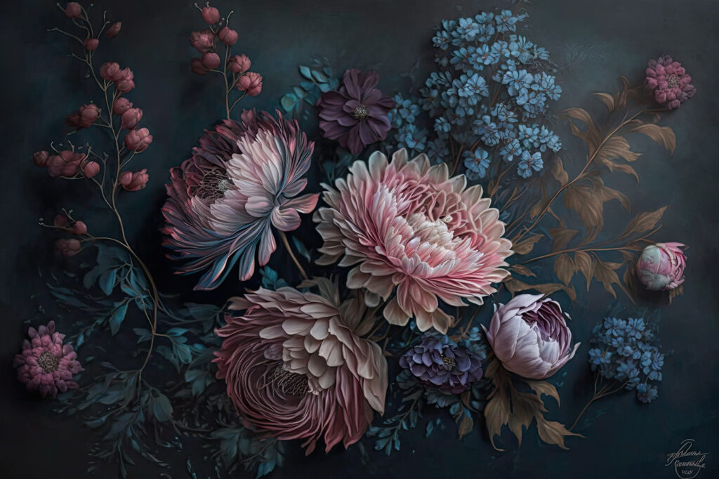 Pintura de flores sobre fondo oscuro Pintura de flores sobre fondo oscuro