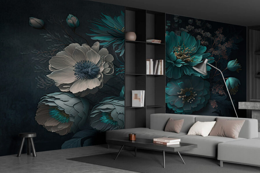 Elegante arreglo floral en tonos fríos.