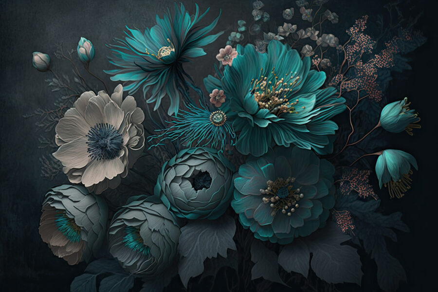 Elegante arreglo floral en tonos fríos.