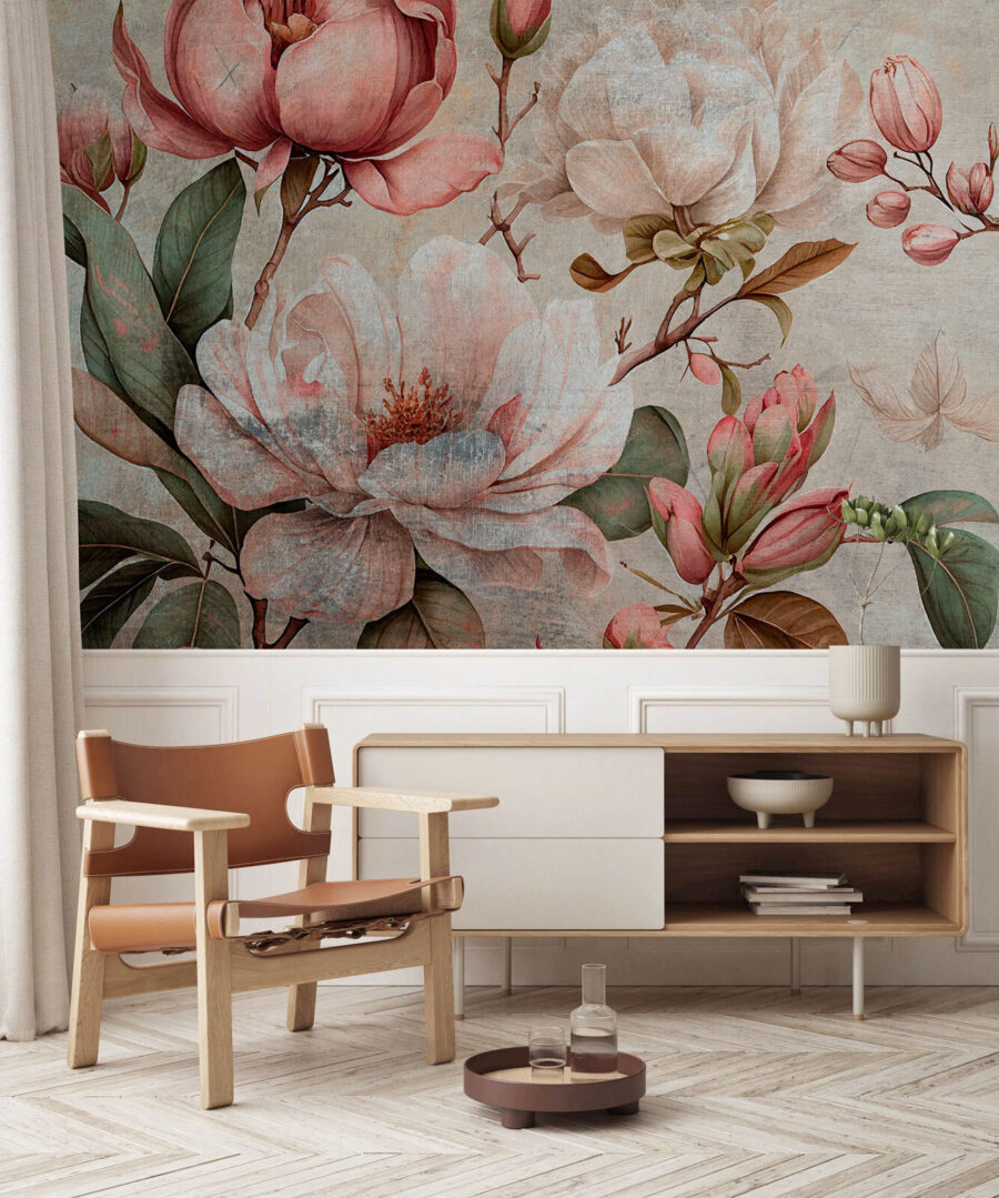 Elegante arreglo floral en tonos suaves.