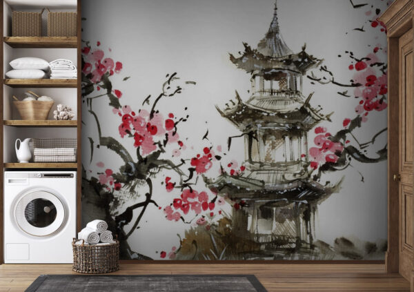 Pintura de una pagoda y cerezos en flor Pintura de una pagoda y cerezos en flor