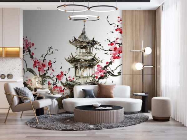 Pintura de una pagoda y cerezos en flor Pintura de una pagoda y cerezos en flor