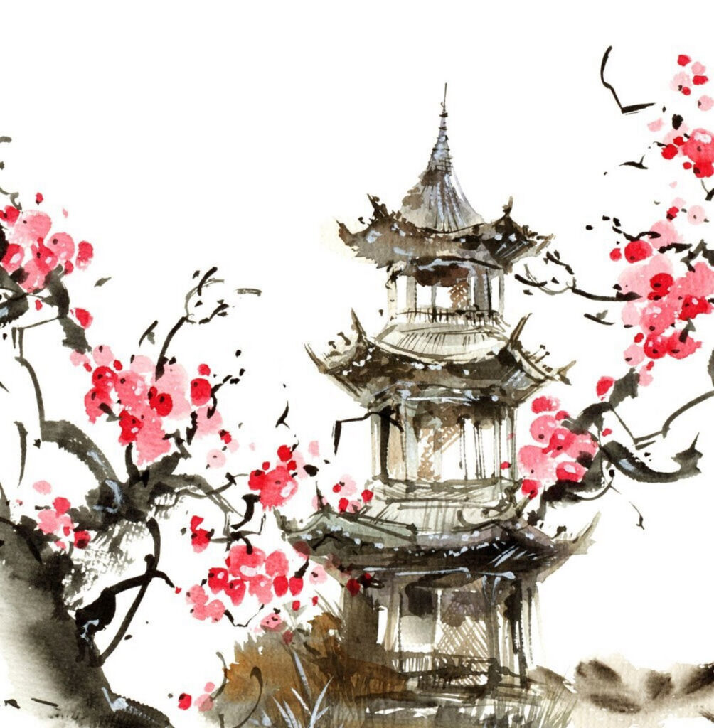 Pintura de una pagoda y cerezos en flor Pintura de una pagoda y cerezos en flor