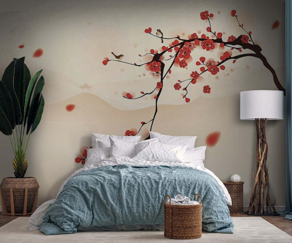 Branch with red flowers and birds flying in the sky