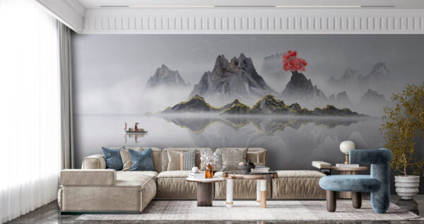 Cordillera con un árbol rojo en medio del agua Cordillera con un árbol rojo en medio del agua