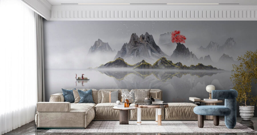 Cordillera con un árbol rojo en medio del agua