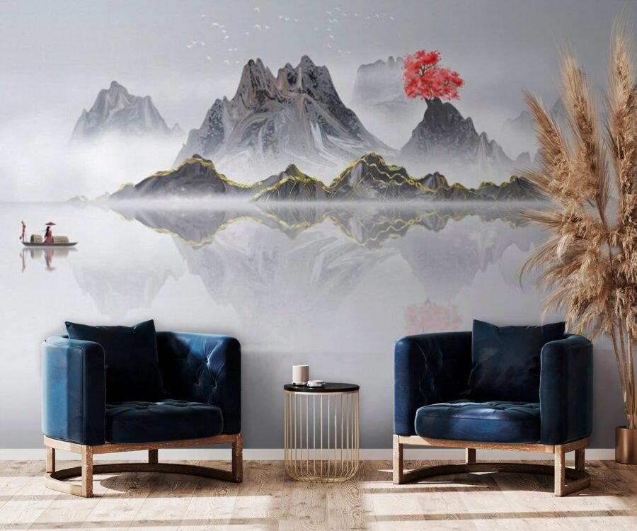 Cordillera con un árbol rojo en medio del agua