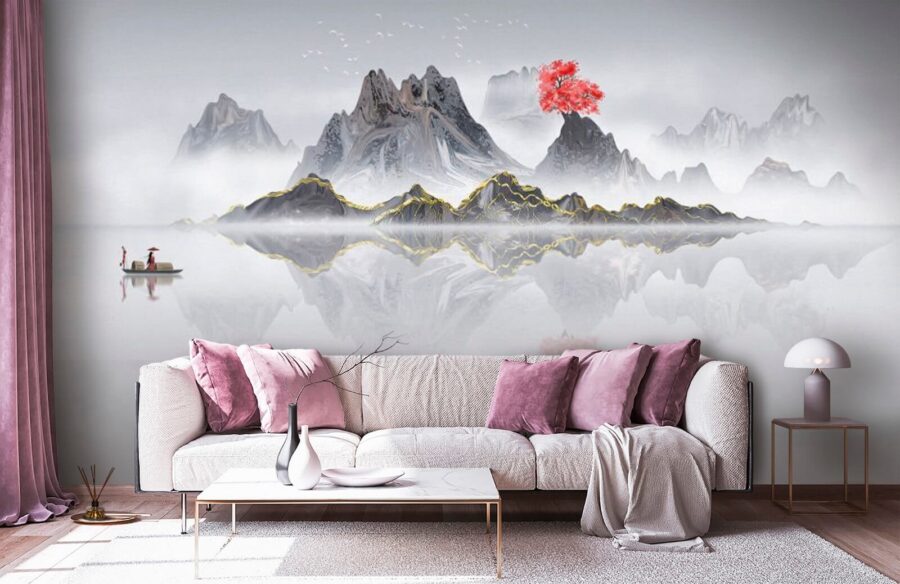 Cordillera con un árbol rojo en medio del agua