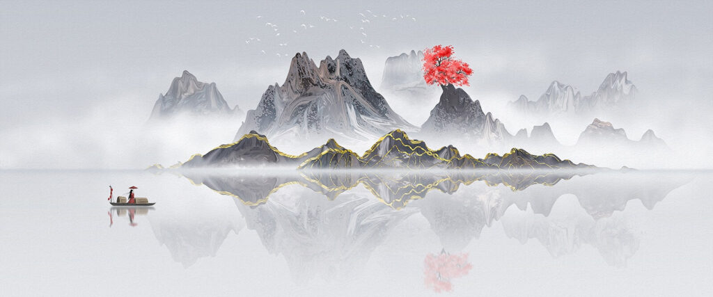 Cordillera con un árbol rojo en medio del agua Cordillera con un árbol rojo en medio del agua