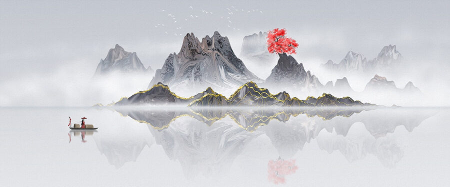 Cordillera con un árbol rojo en medio del agua
