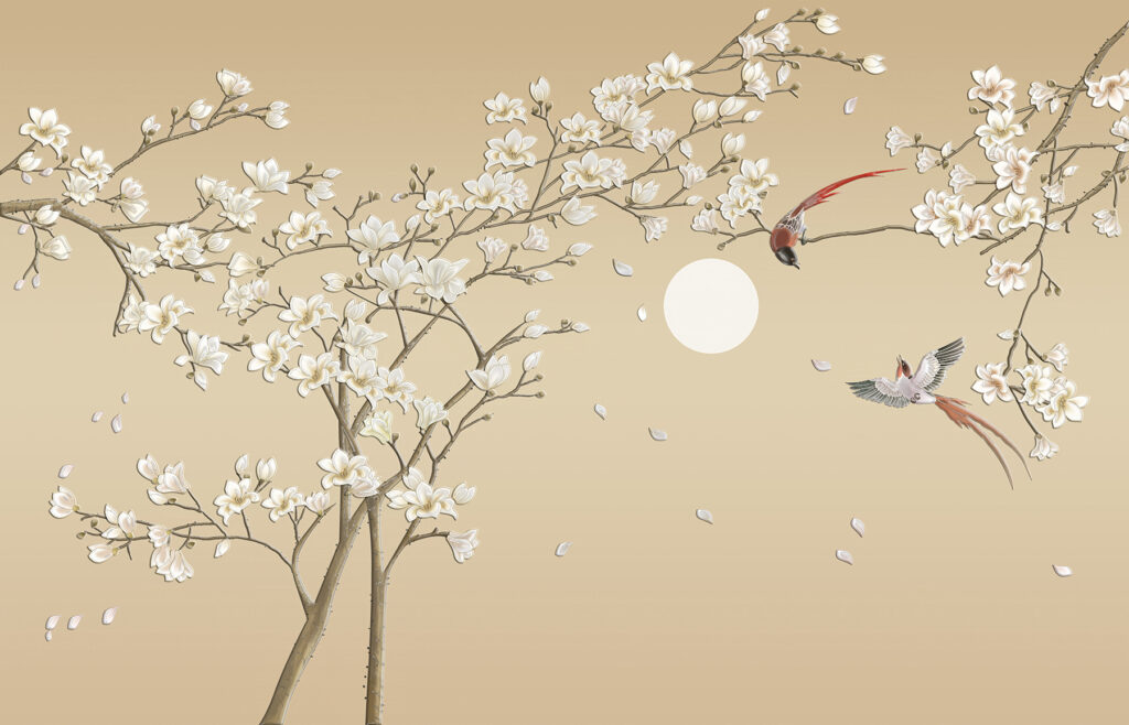 Árbol con flores blancas y pájaros Árbol con flores blancas y pájaros