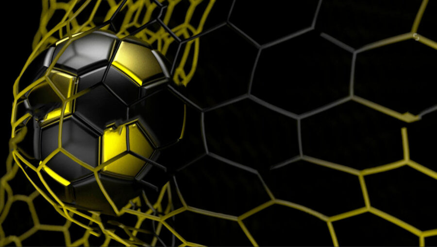 Balón de fútbol en una red