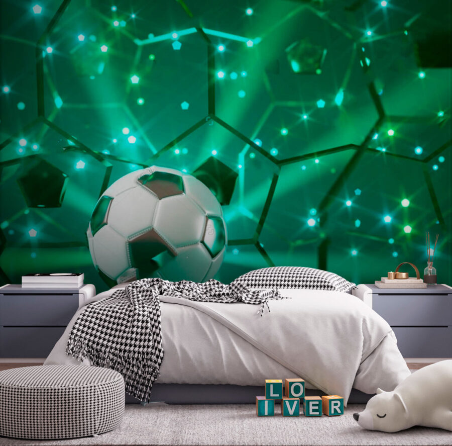 Balón de fútbol sobre una superficie reflectante