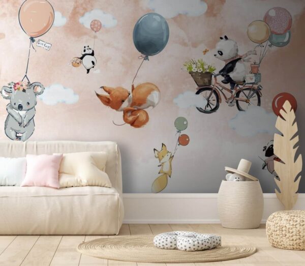 Animales de dibujos animados volando con globos Animales de dibujos animados volando con globos