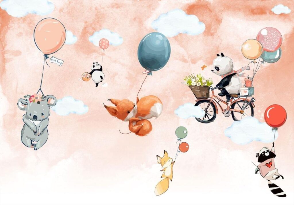 Animales de dibujos animados volando con globos Animales de dibujos animados volando con globos