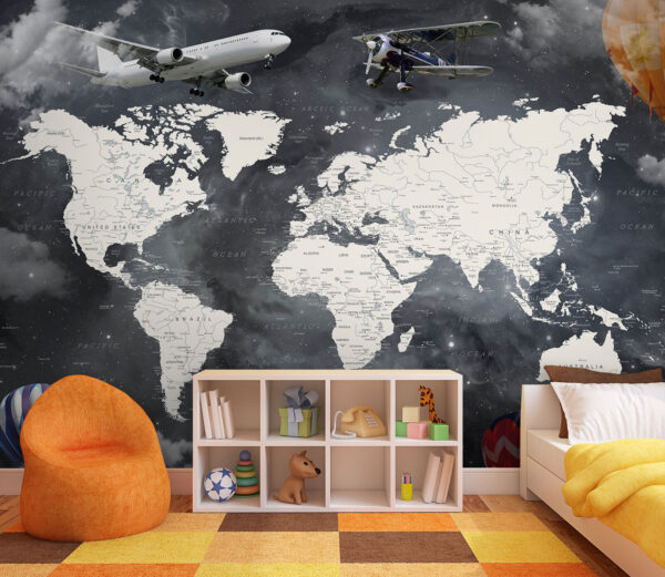Mapa del mundo con aviones y globos aerostáticos Mapa del mundo con aviones y globos aerostáticos