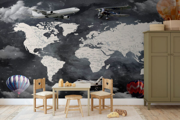 Mapa del mundo con aviones y globos aerostáticos Mapa del mundo con aviones y globos aerostáticos