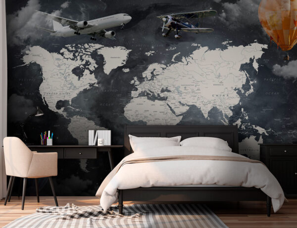 Mapa del mundo con aviones y globos aerostáticos Mapa del mundo con aviones y globos aerostáticos