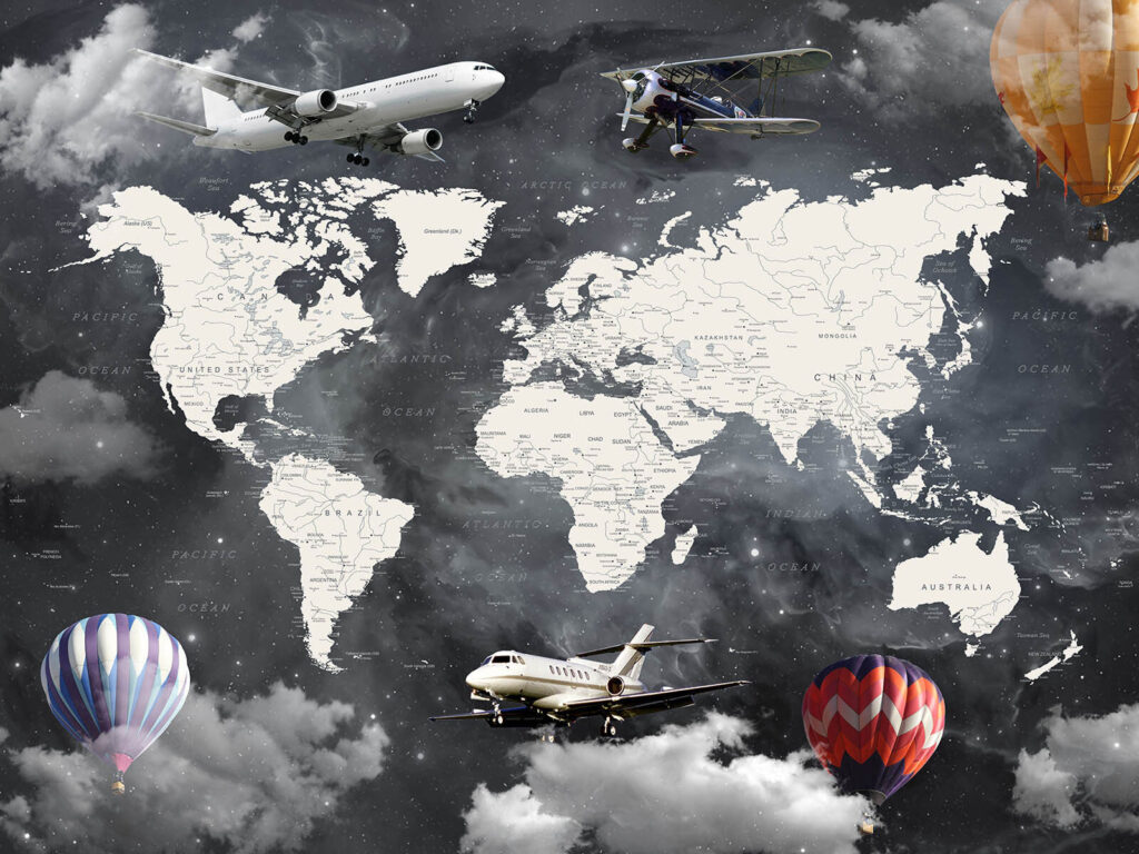 Mapa del mundo con aviones y globos aerostáticos Mapa del mundo con aviones y globos aerostáticos
