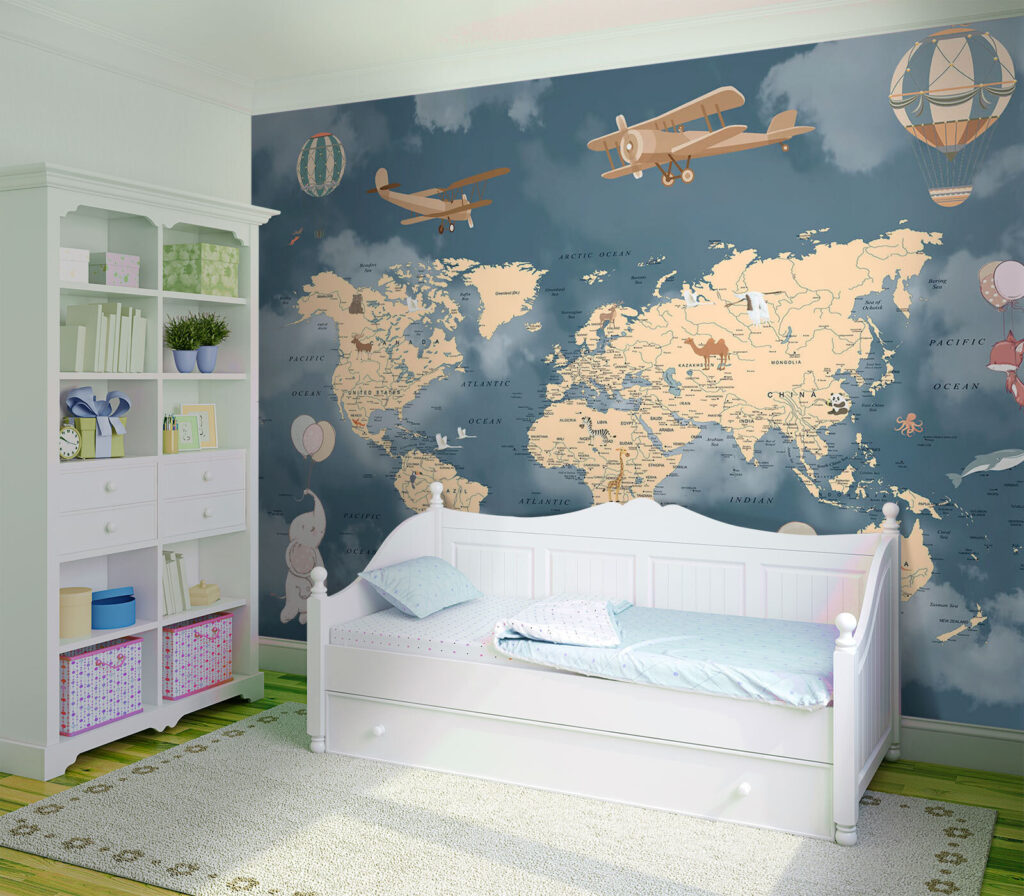 Map of the world with airplanes and balloons
